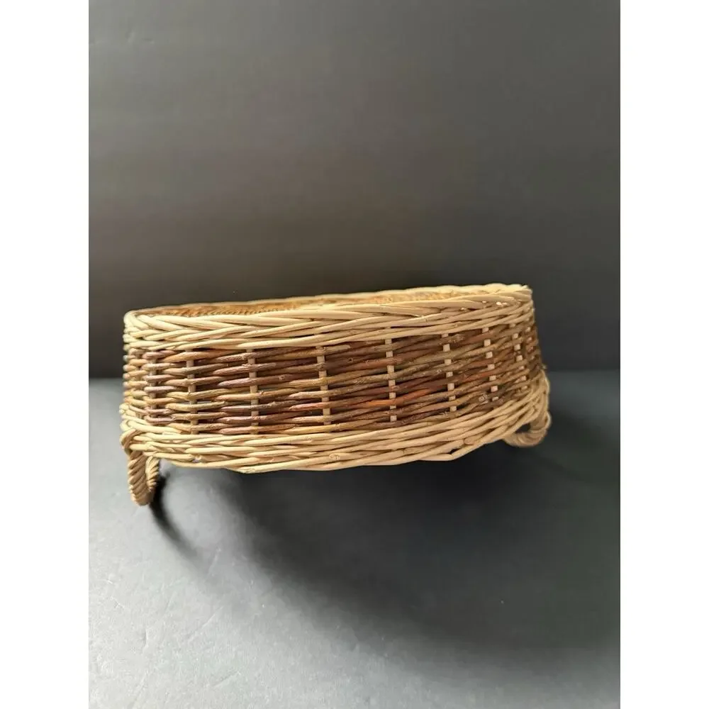 Vintage Handwoven Rattan Wicker Basket Round Handles Farmhouse Cottage Rustic